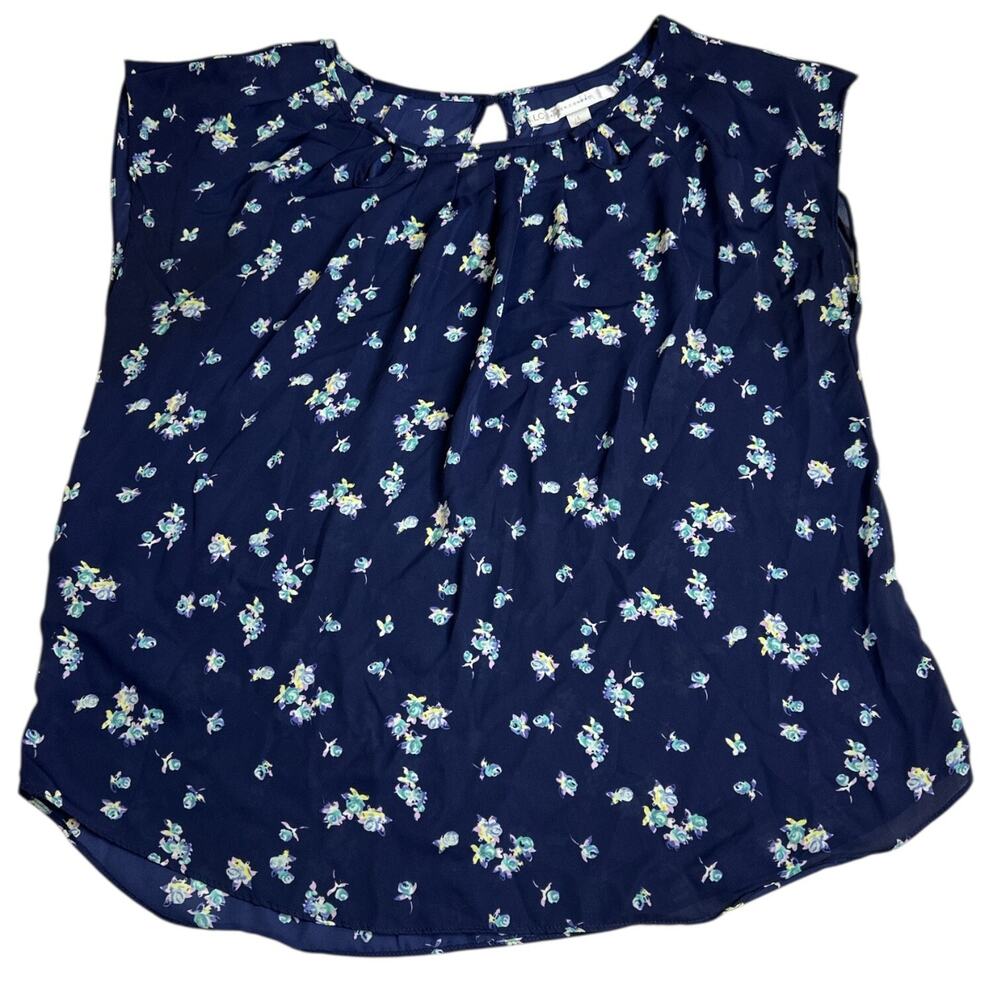 LC Lauren Conrad Women's Large Navy Blue Floral Pattern Shirt‎ Sheer Top Blouse